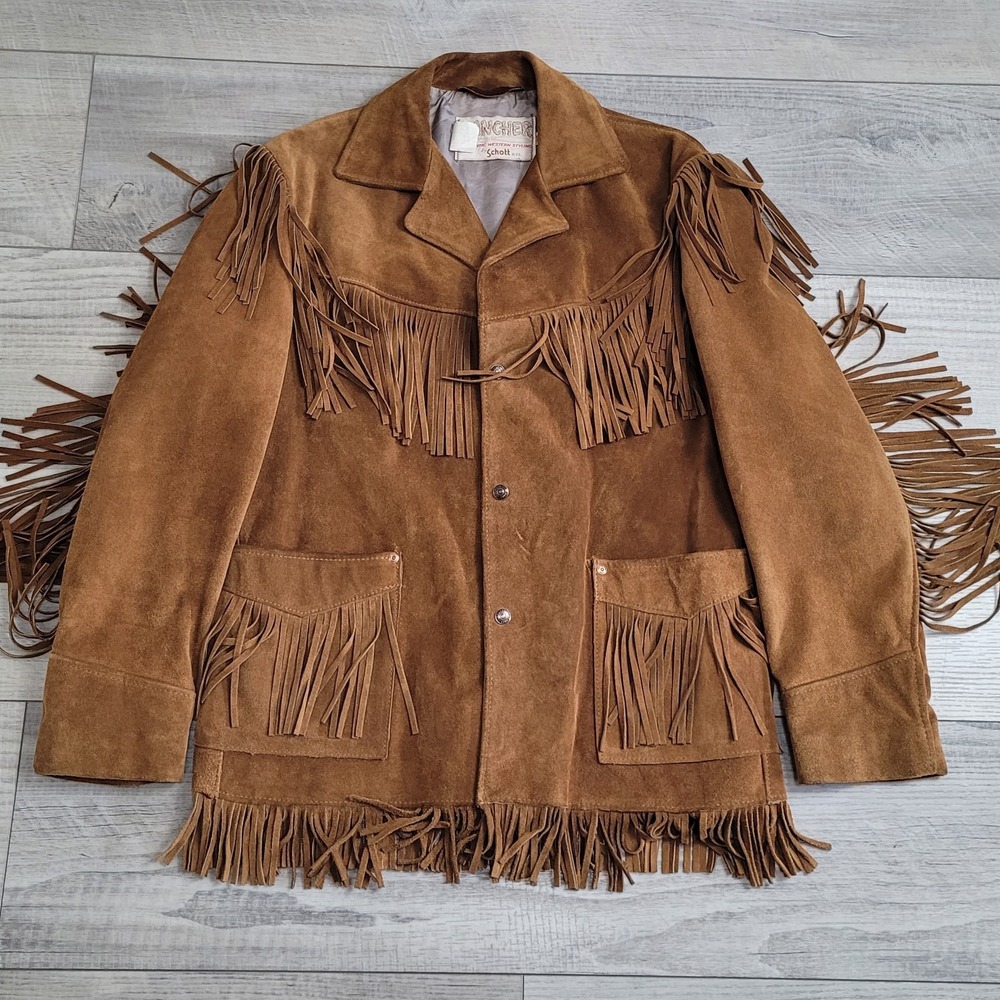 🤠Vintage 70's Schott NYC Rancher Suede Fringe Western Jacket Mens 42 Made USA - Picture 2 of 15